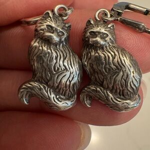 Long Haired Kitty Cat Dangling Silver Earrings Sterling Silver 925
